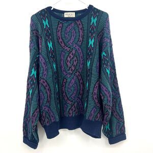 Vintage Bellagio Cosby Style Sweater Mens L Textured Knit Teal Purple Italy